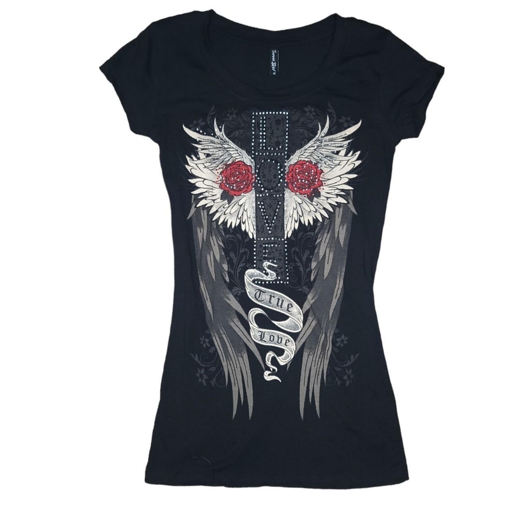 Sweet girl y2k cyber goth rhinestone heart love wings shirt bedazzled size med